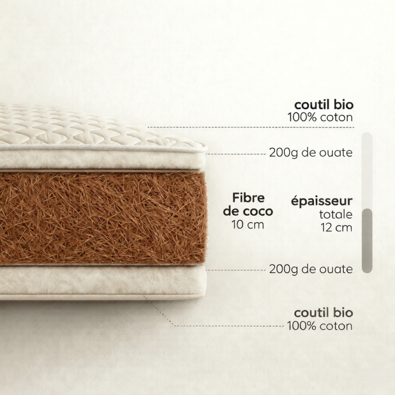 Découpe coco Matelas évolutif en 3 parties 90x200cm COTON BIO