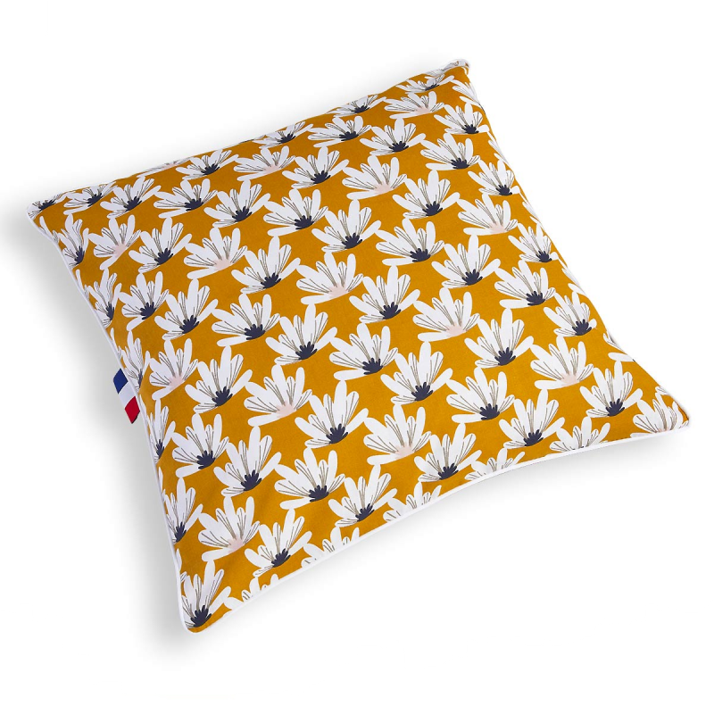 Coussin décoratif fleurs moutarde